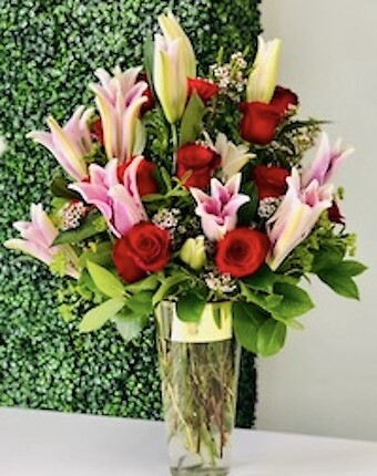 Star gazer lilies with red roses Bouquet
