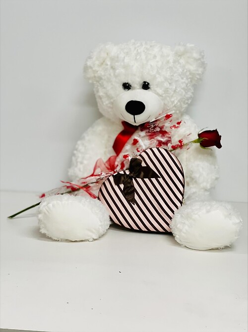 Large white teddy bear w/ pink brown heart chocolate box