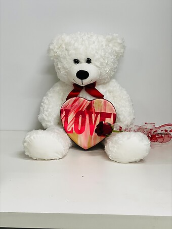 Large white Teddy bear with heart chocolate box and single red rose
