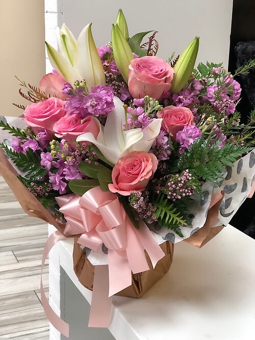 Pink wrap garden bouquet